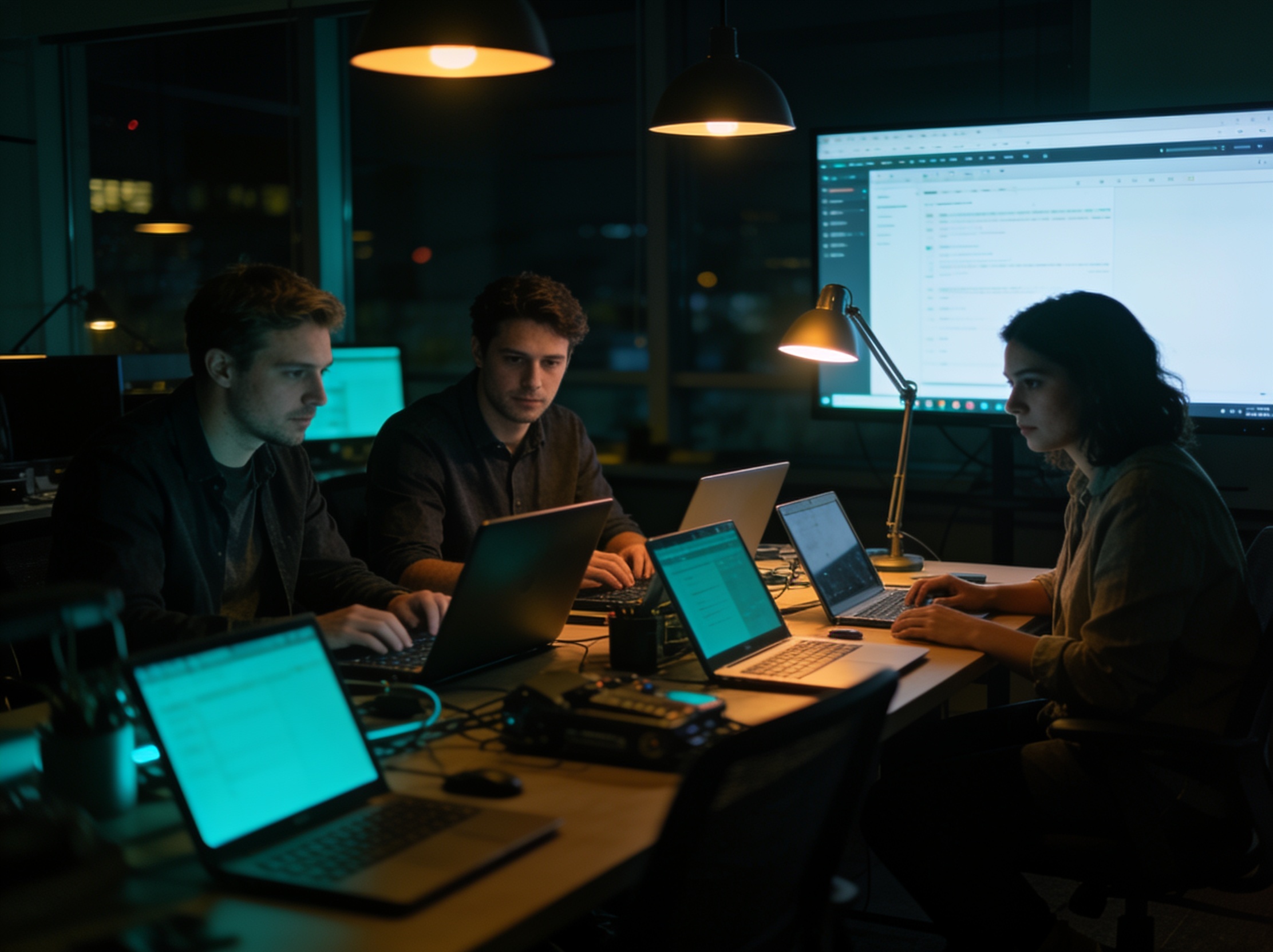 Team collaborating in a dark office