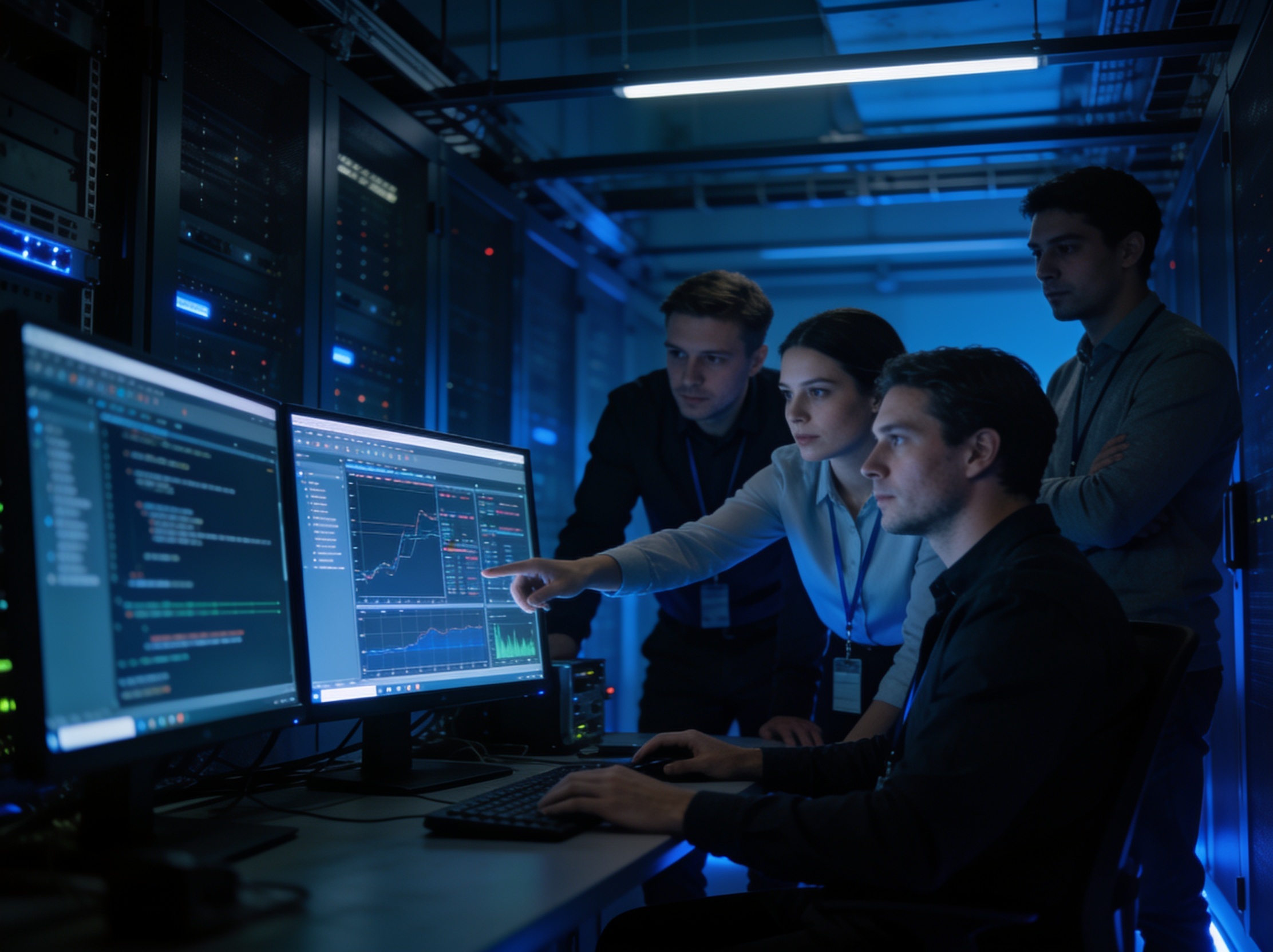 Engineering team reviewing systems